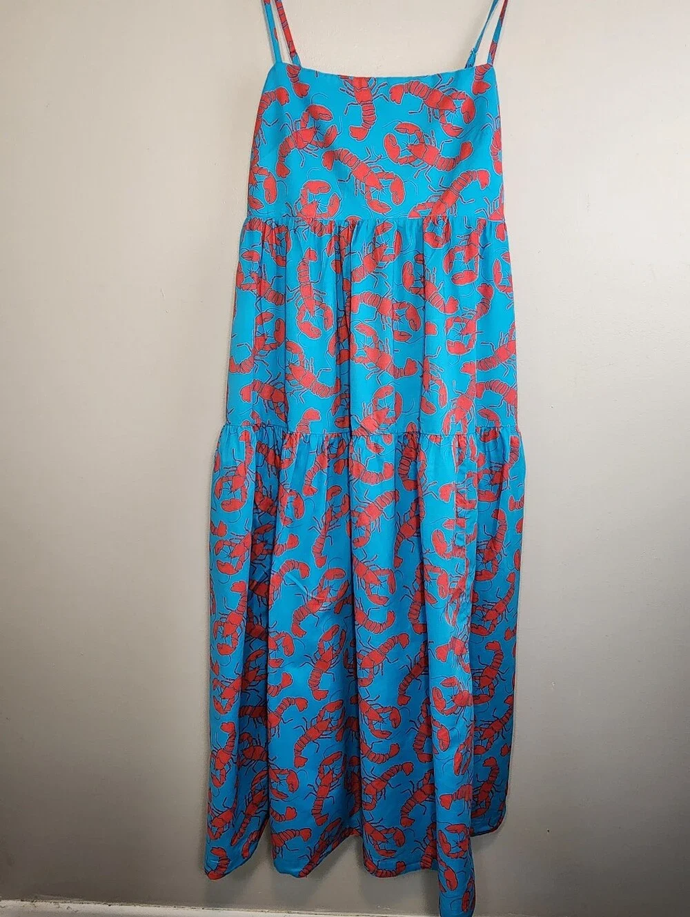 J. Crew Blue Lobster Print Tiered Cotton Maxi Dress 12 Vaca Summer Coastal - Picture 13 of 14